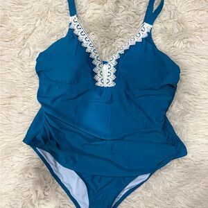 Cupshe Blue and White Lace One Piece Swimsuit